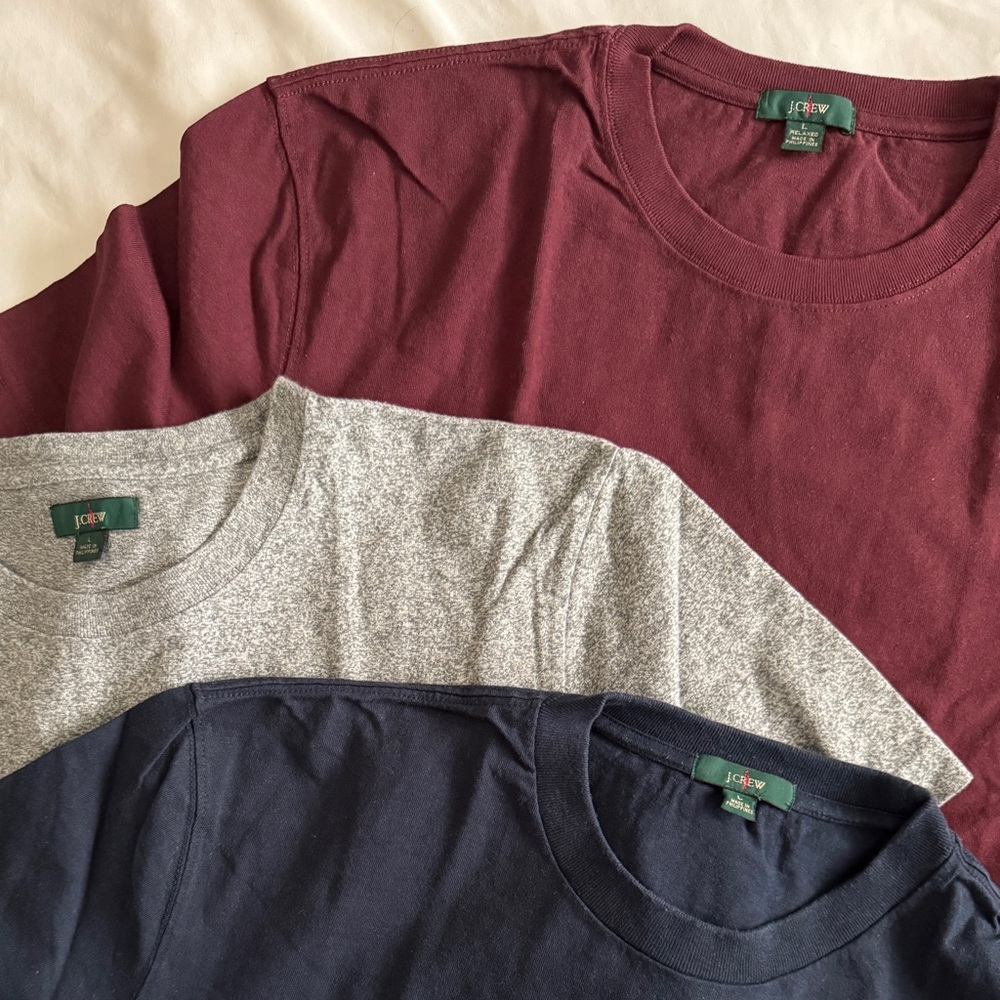 J Crew Lot of 3 Large Relaxed Fit Tees. Navy, Grey and Burgundy